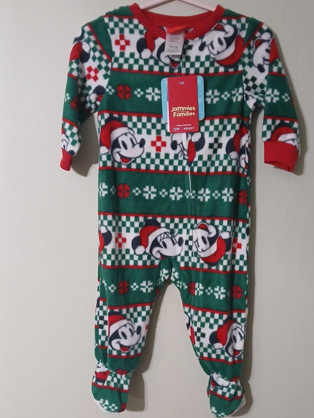 Disney Green and Red Mickey Holiday Footed One-Piece 12 MONTHS
